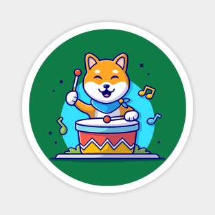 Cute Dog Playing Drum with Stick, Tune and Notes of Music Cartoon Vector Icon Illustration Magnet